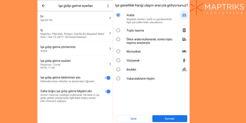 google maps, google haritalar işe gidip gelme rota